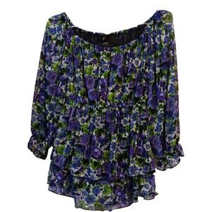 Y2K VINTAGE Ruffled Blouse Top L Floral Purple Green Whimsigoth Cottage Coquette